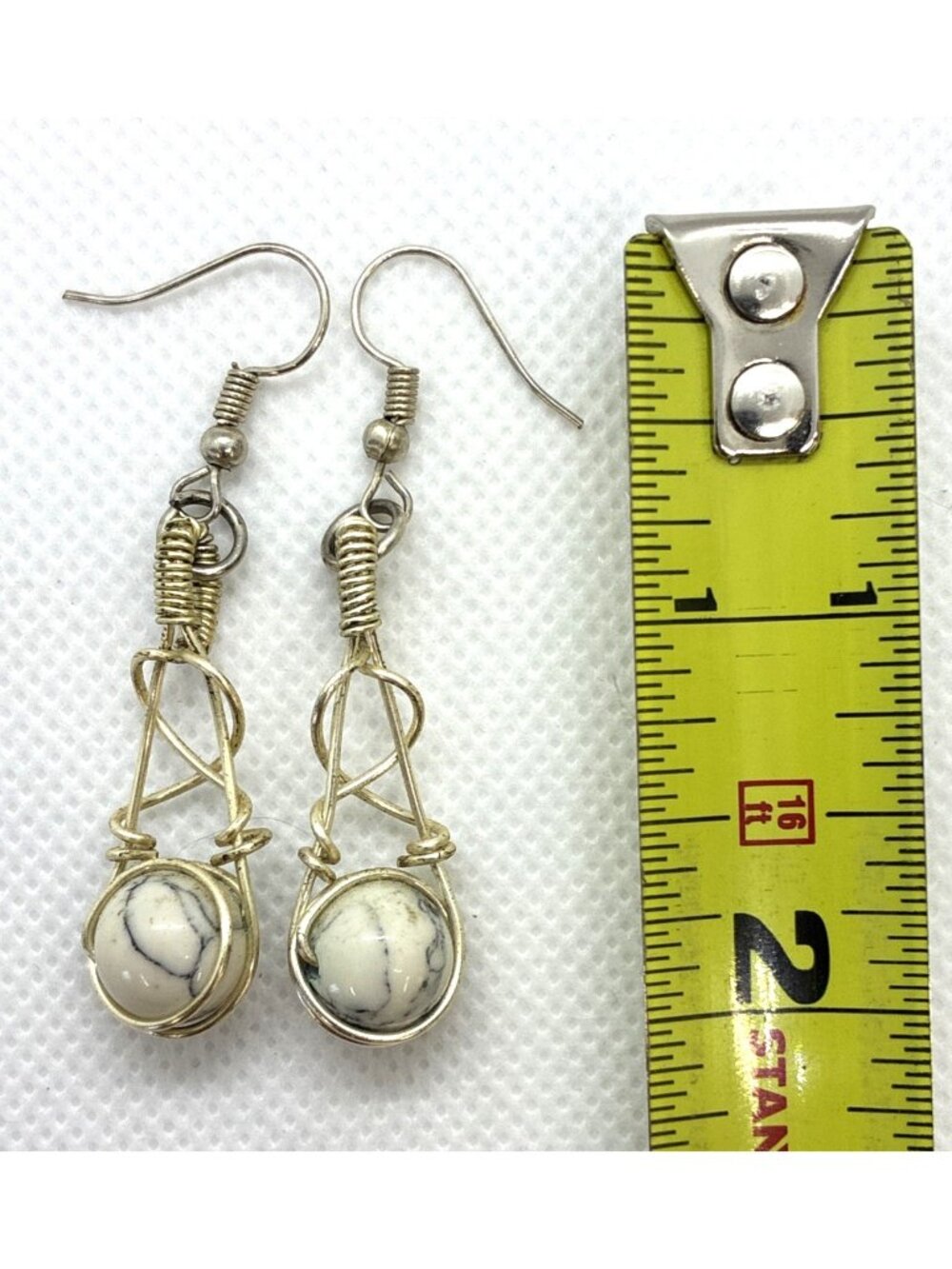 White Buffalo Turquoise & Wire Dangle Earrings Sterling  1.5" Handmade